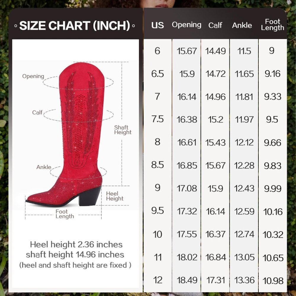 Women Polyurethane Red Knee High Rhinestone Bling Pointed Toe Cowgirl Western - Picture 7 of 7
